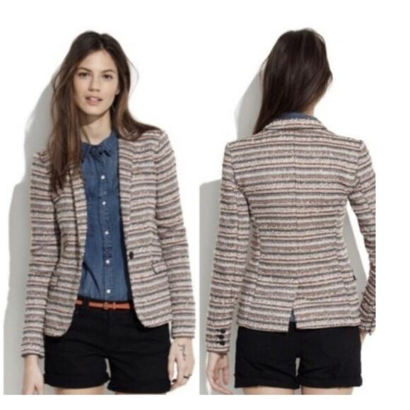 Madewell Women's 8 Crossweave Blazer Textured Tweed Jacket Cream Brown Red Boho - Picture 1 of 13